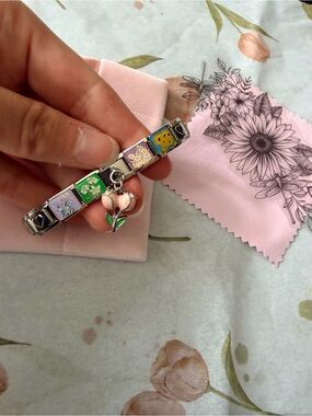 Italian Charm Bracelet With Floral Links & Pink Wraparound Heart Charm